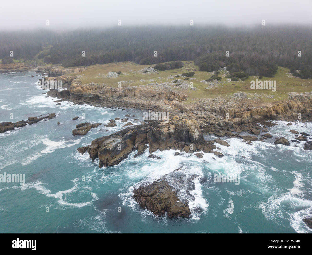 Die kalte, nährstoffreiche Wasser des Pazifischen Ozeans Waschen gegen den felsigen und landschaftlich sehr reizvollen Norden Kaliforniens Küste in Sonoma. Stockfoto