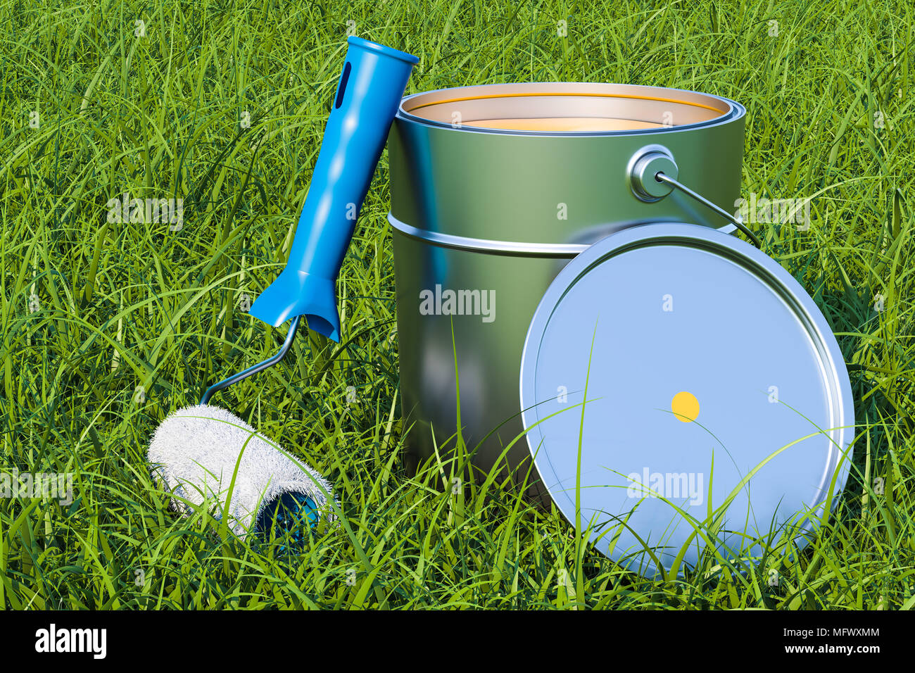 Kann mit Farbe und Pinsel in das grüne Gras, 3D-Rendering Stockfoto
