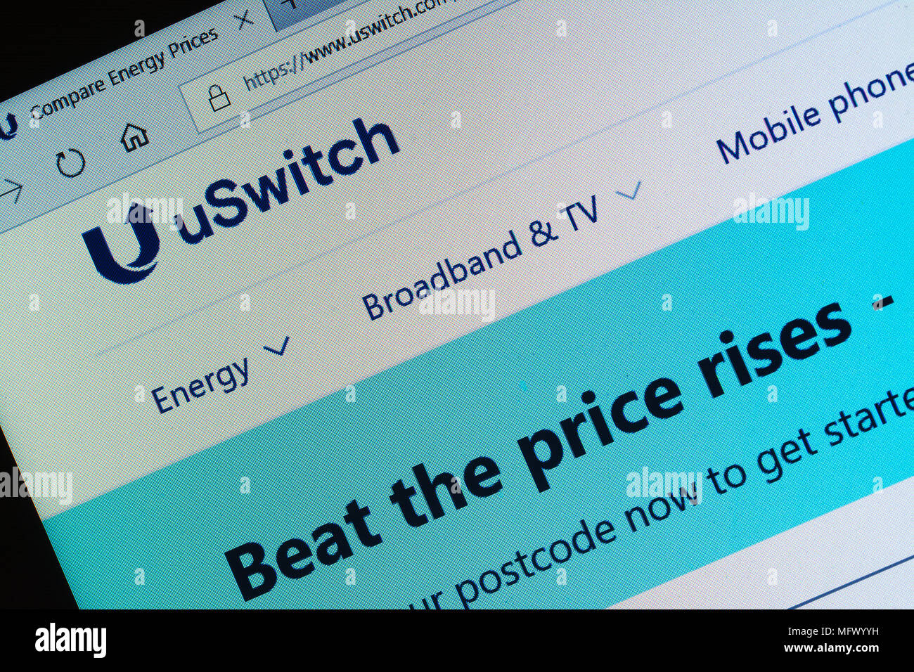 U-Schalter Vergleich Website für einen Vergleich der Preise für Energie und andere Dienstprogramme und zum Schalten von Firmen - Screenshot Stockfoto