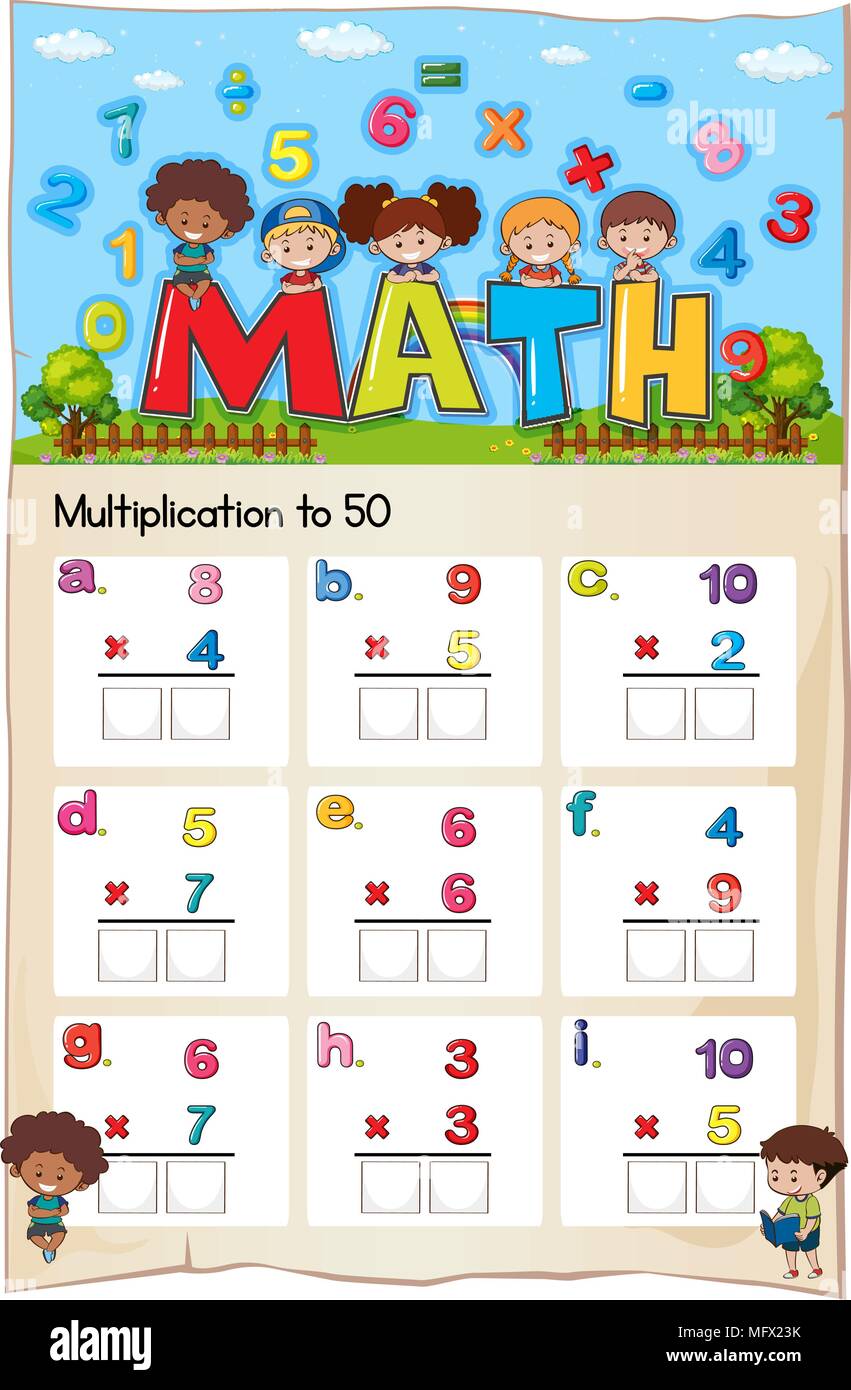 Mathematik Multiplikation Arbeitsblatt für Schüler Abbildung Stock Vektor