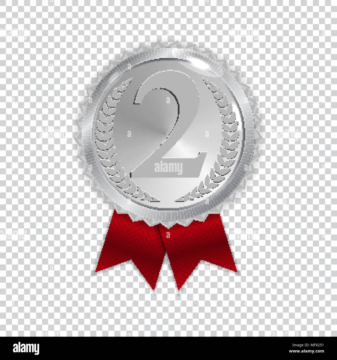 Meister Kunst Silber Medaille mit Red Ribbon Symbol Zeichen den zweiten Platz isoliert auf Transparenten Hintergrund. Vector Illustration Stock Vektor