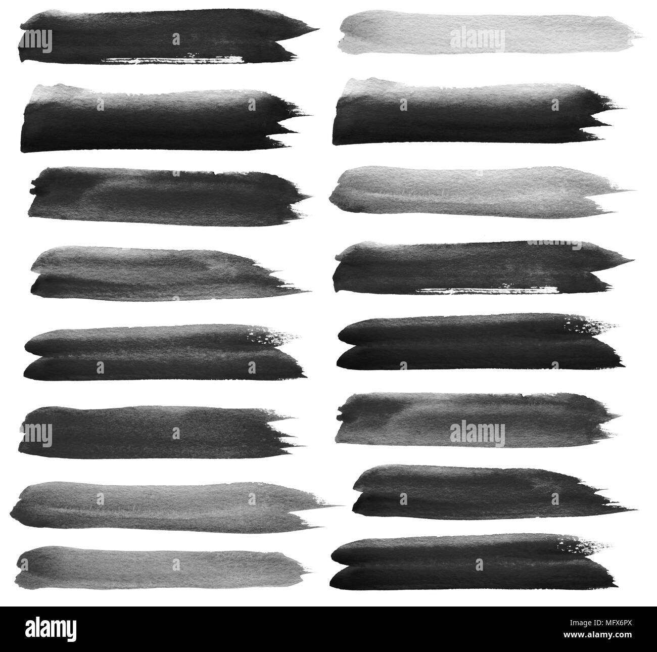 Satz von Schwarz aquarell Pinselstriche. Auf weiß isoliert. Stockfoto