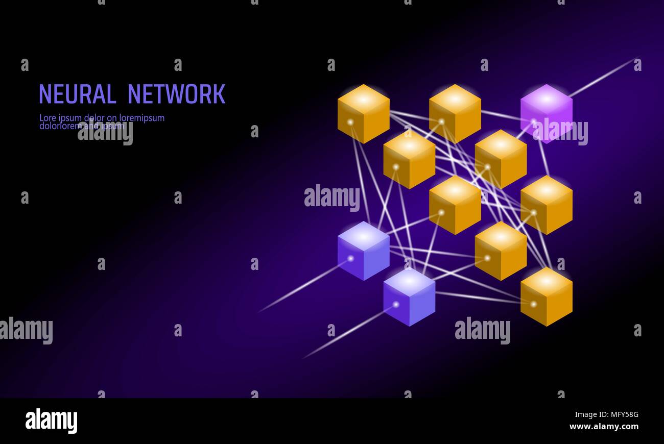 Neuronales Netz. Neuron-Netzwerk. Vertieftes Lernen. Kognitive Konzept. Logische künstliche Intelligenz speicher Prozessor Mathematik. Violett neon Farbe gold gelb leuchtenden Vector Illustration Stock Vektor