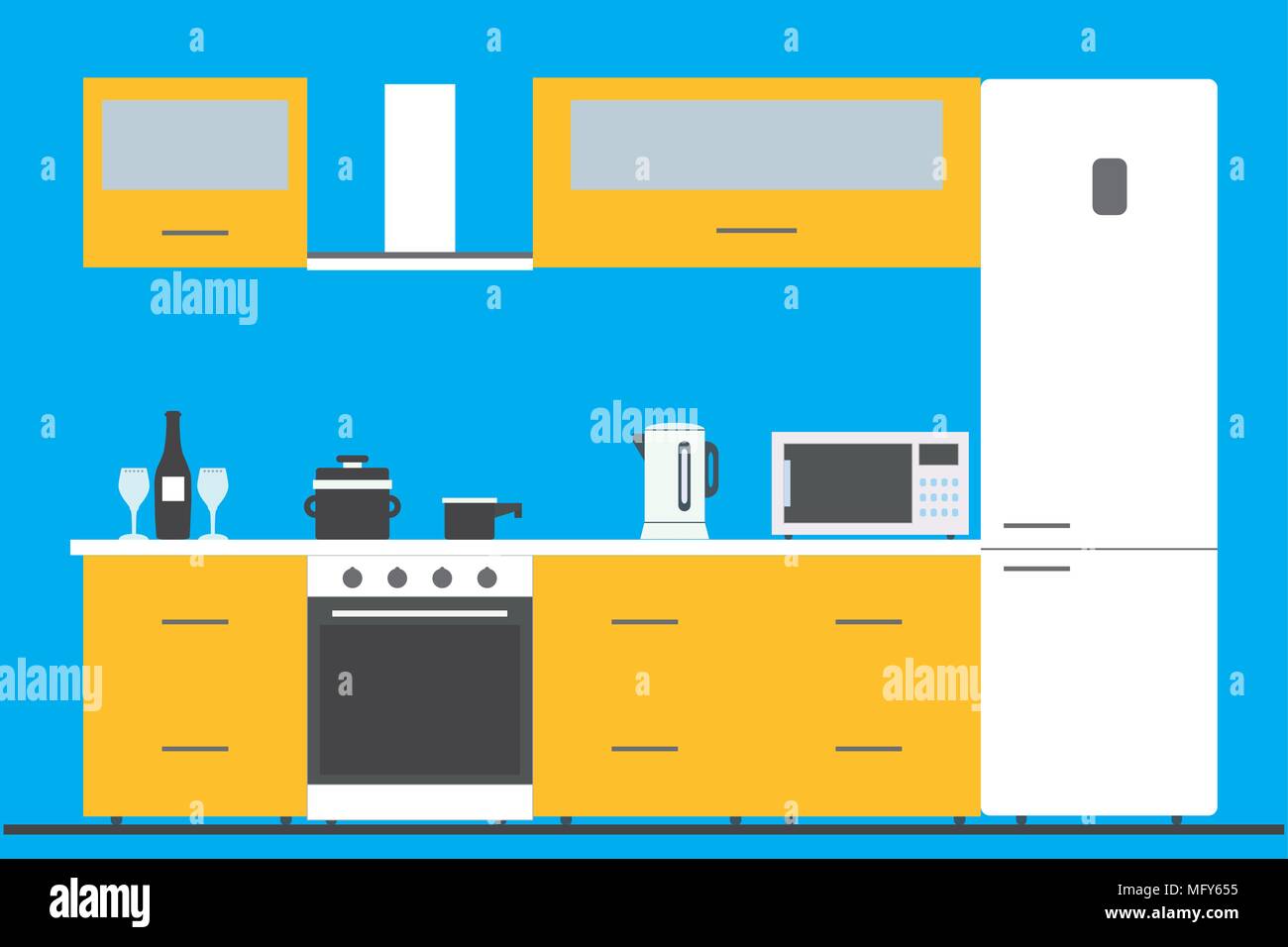 Küche Interieur mit Möbeln, Geschirr und Geräten. Einschließlich Kühlschrank, Ofen, Mikrowelle, Wasserkocher,. Flat Style Vector Illustration Stock Vektor