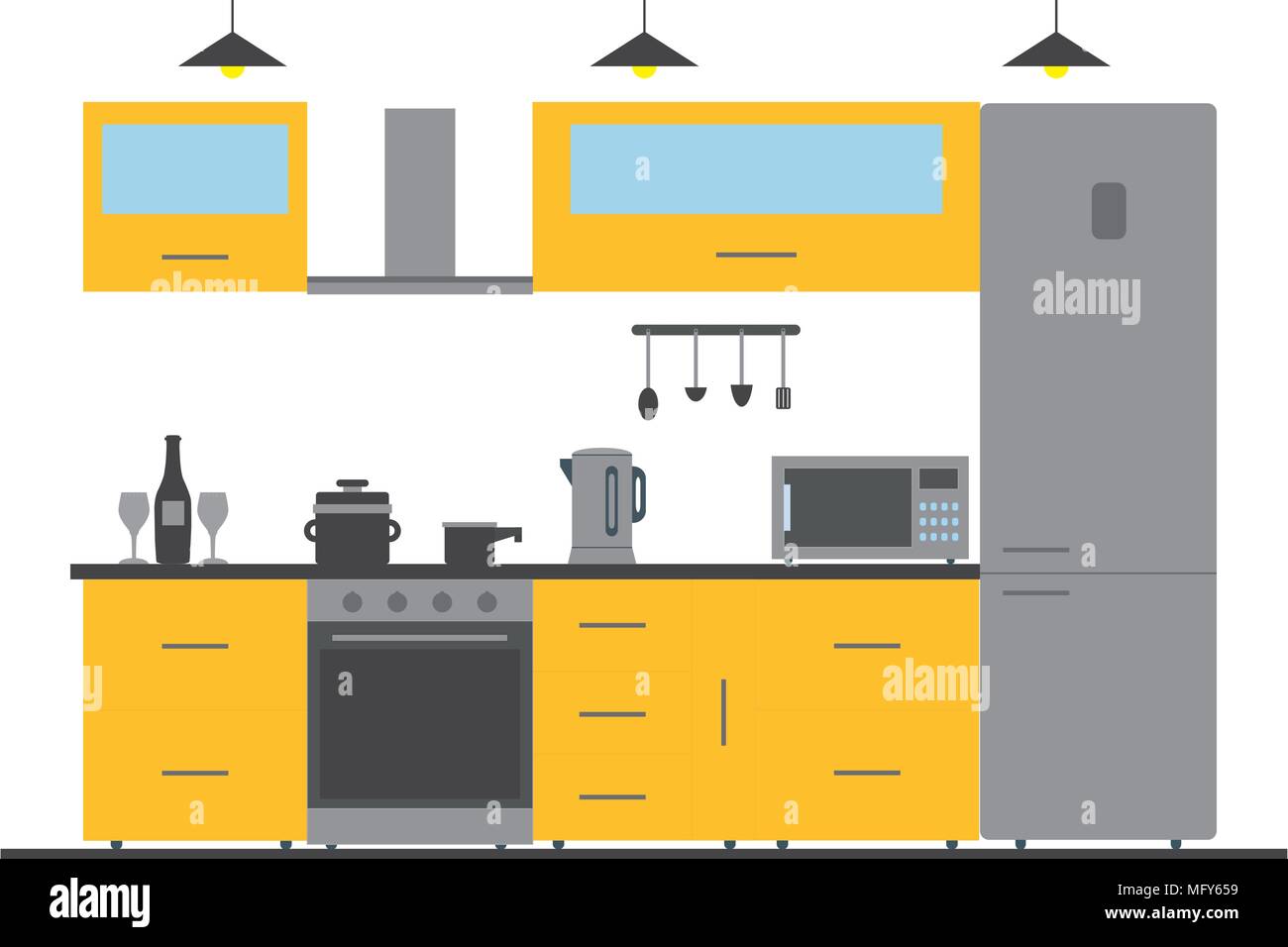 Küche Interieur mit Möbeln, Geschirr und Geräten. Einschließlich Kühlschrank, Ofen, Mikrowelle, Wasserkocher,. Flat Style Vector Illustration. Stock Vektor