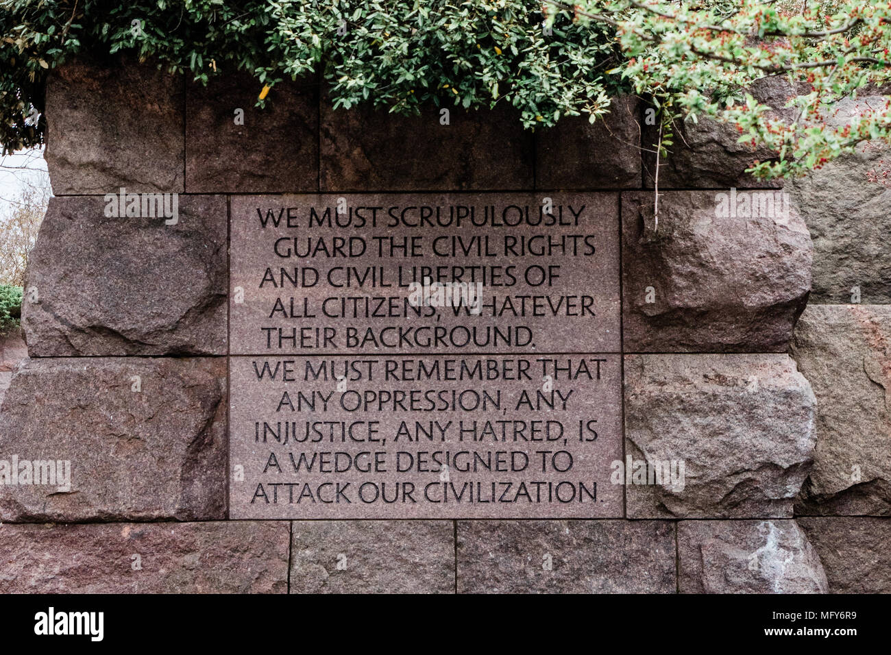 Zitat Carved In Stone. Von der Franklin Delano Roosevelt Memorial in Washington DC. Stockfoto