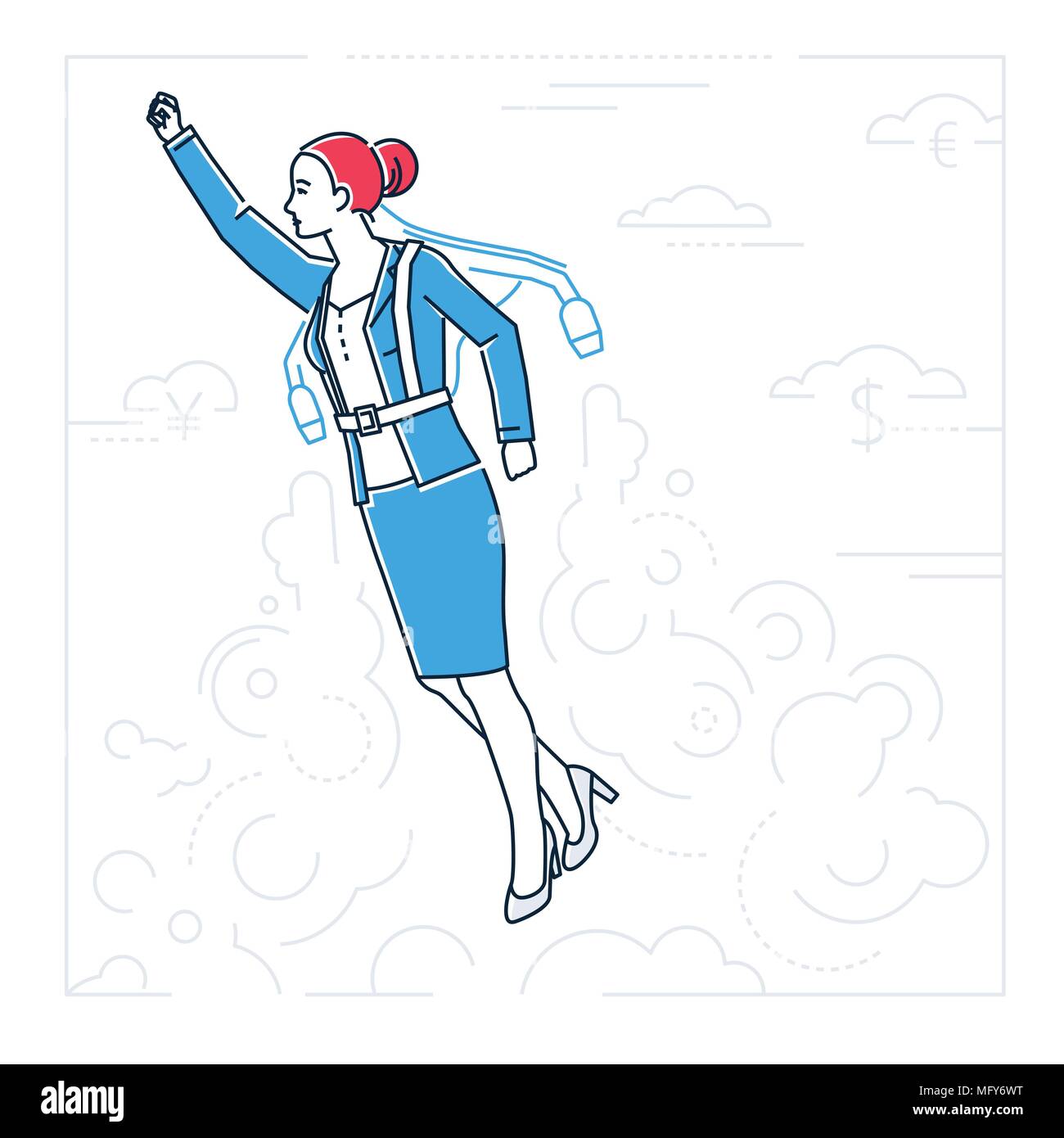 Geschäftsfrau fliegen mit einem jetpack-line Design Illustration Stock Vektor