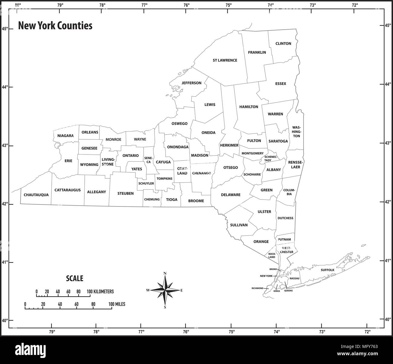 New York State Umrisse administrative und politische Vektorkarte in Schwarz und Weiß Stock Vektor