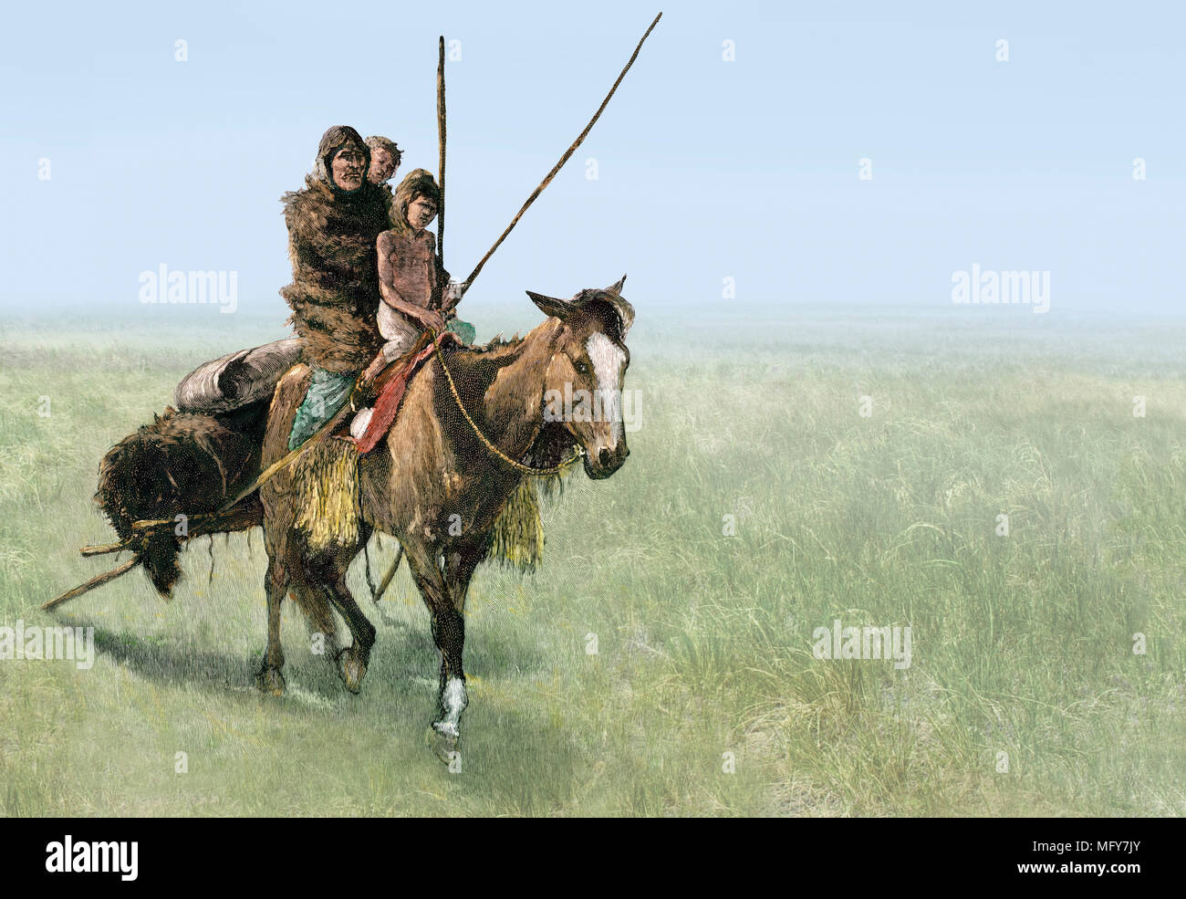 Native American Family Reisen auf einem travois Pony auf der Prärie. Composite von Hand - farbige Holzschnitt und Foto Stockfoto