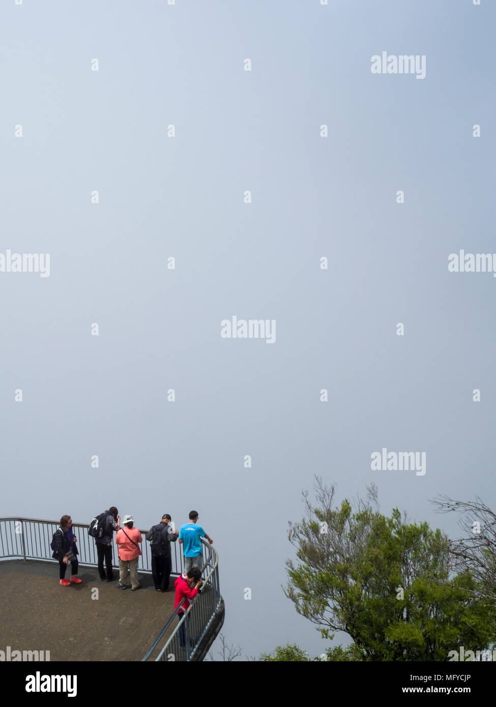 Morgennebel in den Blue Mountains National Park, Queen Elizabeth Lookout, Echo Point, Katoomba, New South Wales, Australien Stockfoto