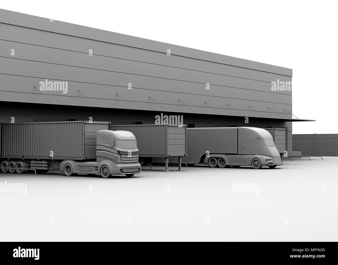 Modell aus Ton Rendering von elektrostaplern Parkplatz vor der modernen Logistik Center. 3D-Bild. Stockfoto