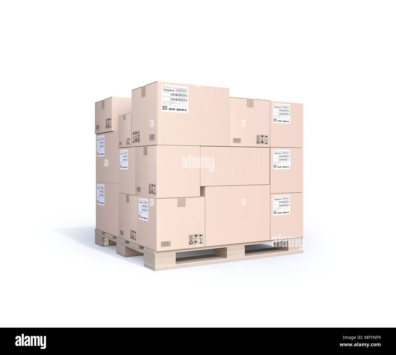 Stapel von braunen Kartons Mock-up auf Palette auf weißem Hintergrund. 3D-Bild. Stockfoto
