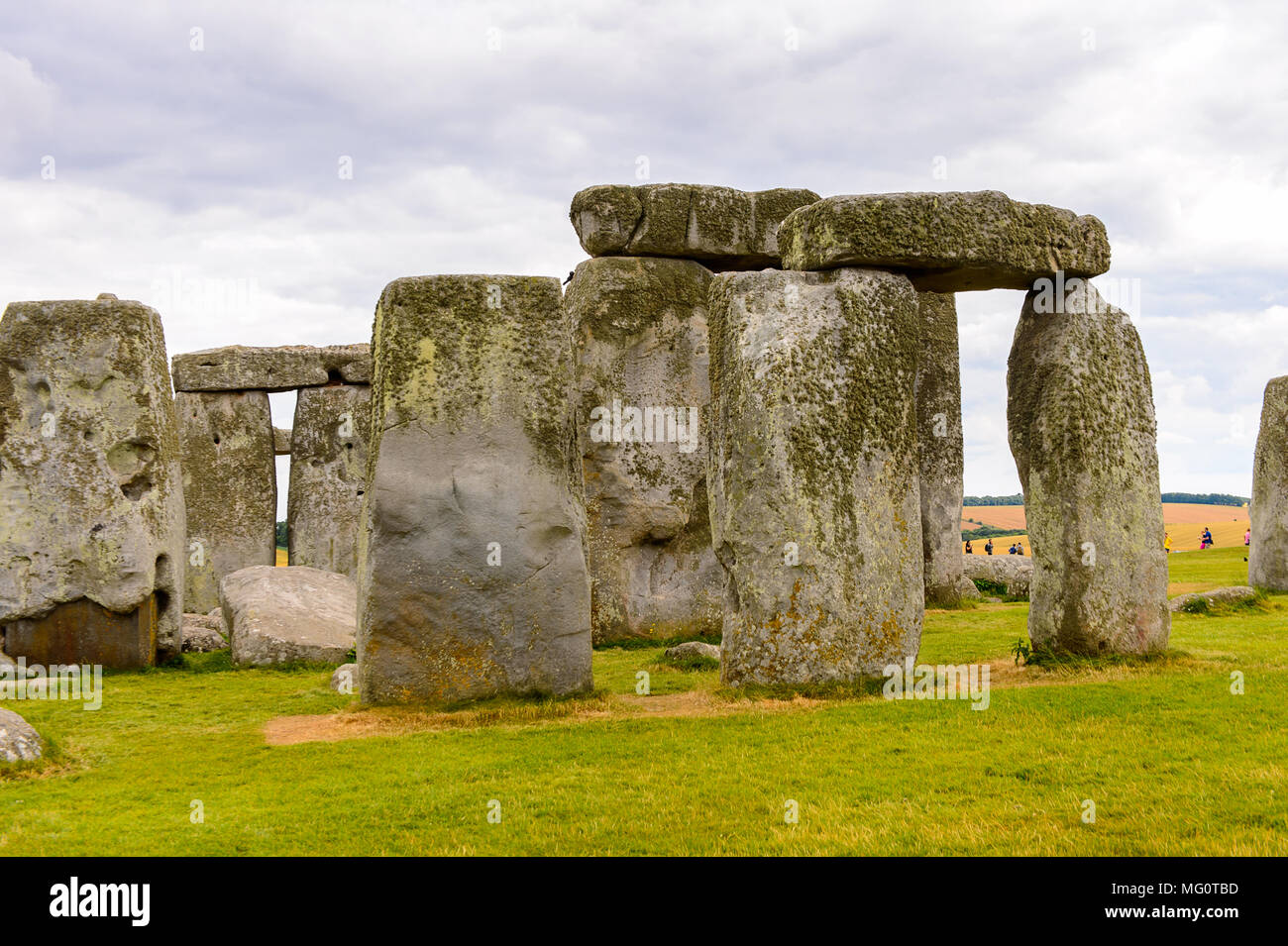 Der Blick auf die Steine von Stonehenge, ein Prähistorisches Denkmal in Wiltshire, England. UNESCO-Welterbe Stockfoto