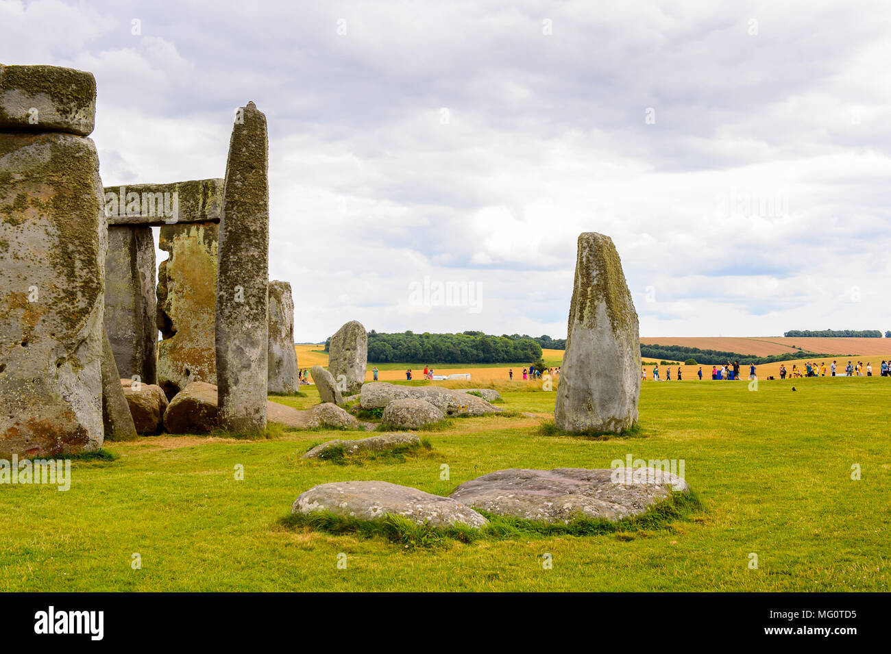 Der Blick auf die Steine von Stonehenge, ein Prähistorisches Denkmal in Wiltshire, England. UNESCO-Welterbe Stockfoto