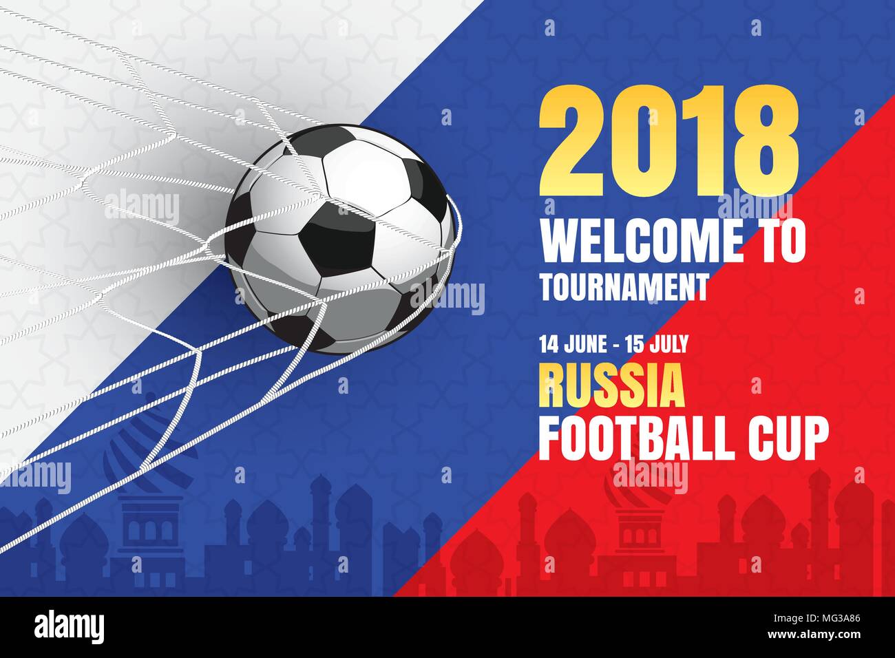 Fußball WM 2018 Hintergrund der Fußball-Sport Design. Verwenden Sie für Web Banner, Anzeigen, Poster, Plakat, Broschüre, Flyer, Cover, Karten, Einladungen. Stock Vektor