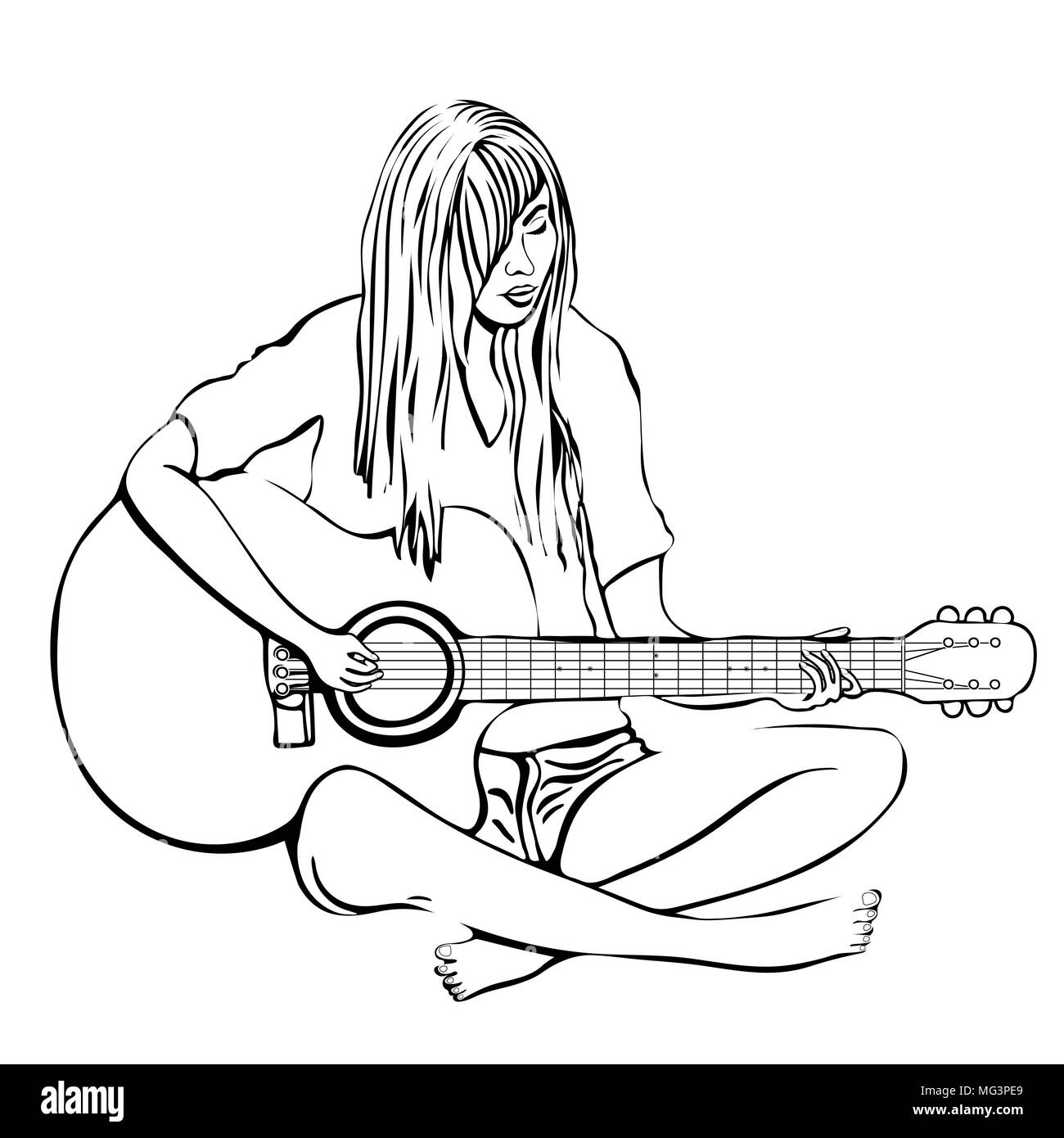 Mädchen mit Gitarre Umriss der Hand zeichnen, Färbung, Vector schwarz und weiß Abbildung. Frau mit langem Haar in Shirt und Shorts barfuß spielen Gitarre si Stock Vektor