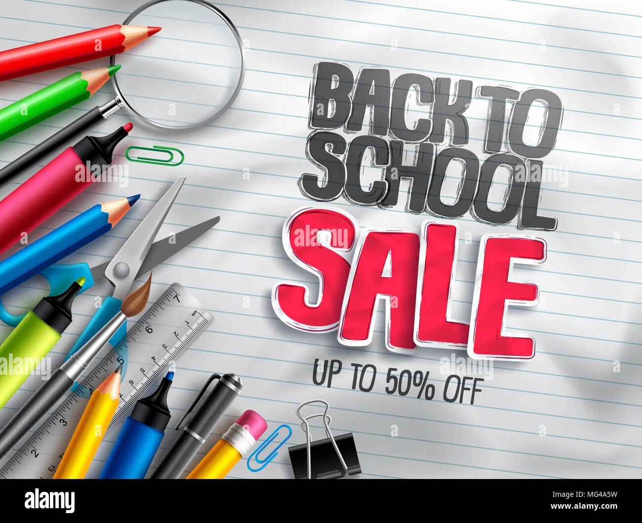 Zurück zu Schule Vektor banner Bildung Werbeaktion mit Verkauf text und bunte Schule Artikel im Weißbuch strukturierten Hintergrund. Vektor Stock Vektor