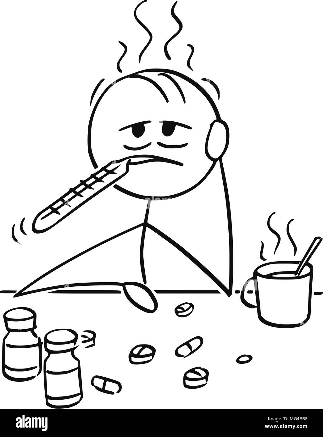 Cartoon von Mann oder Geschäftsmann krank mit Grippe oder Erkältung zu kurieren Sie Sich von Thermometer, heißen Tee und Pillen oder Tabletten Stock Vektor