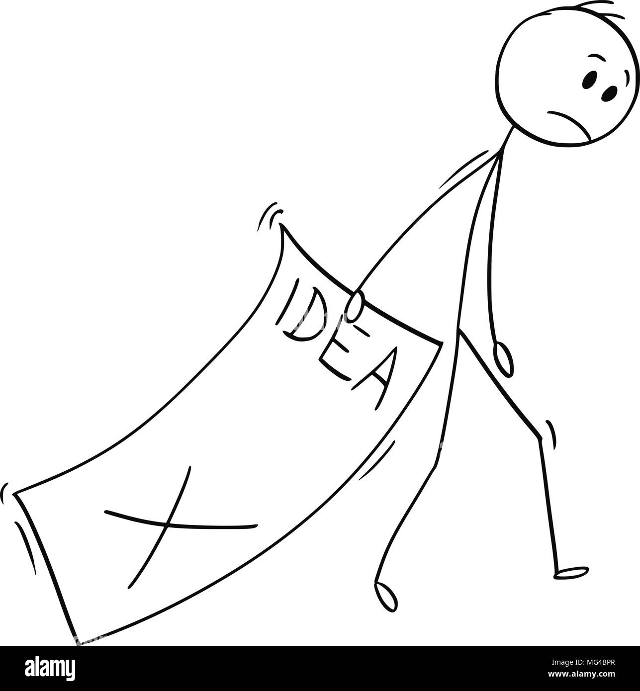 Cartoon von Sad Geschäftsmann Trailing großes Blatt Papier mit abgelehnten Idee Stock Vektor