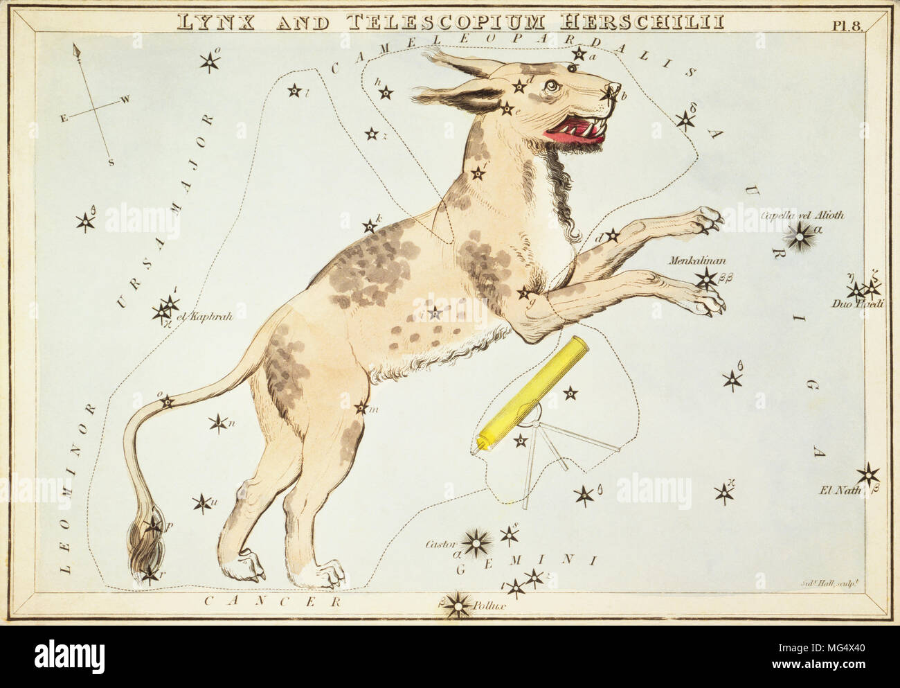 Lynx und Telescopium Herschilii. Karte Nummer 18 von Urania's Mirror, oder einen Blick auf den Himmel, eines der 32 astronomischen Star Chart Karten von Sidney Hall graviert und publshed 1824. Stockfoto