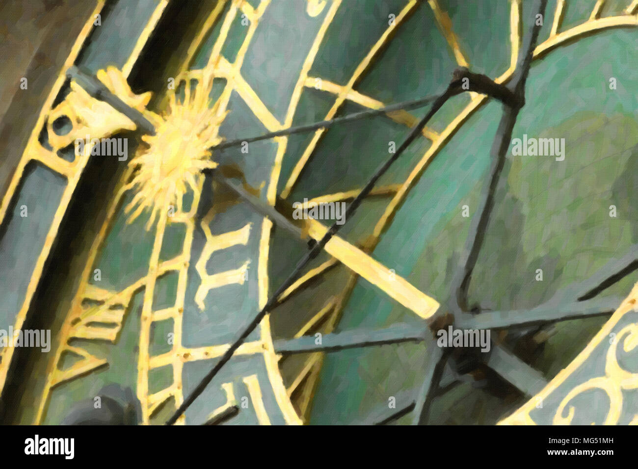 Ölfarbe Abbildung der mittelalterlichen Astronomische Uhr auf dem Altstädter Ring in Prag Stockfoto