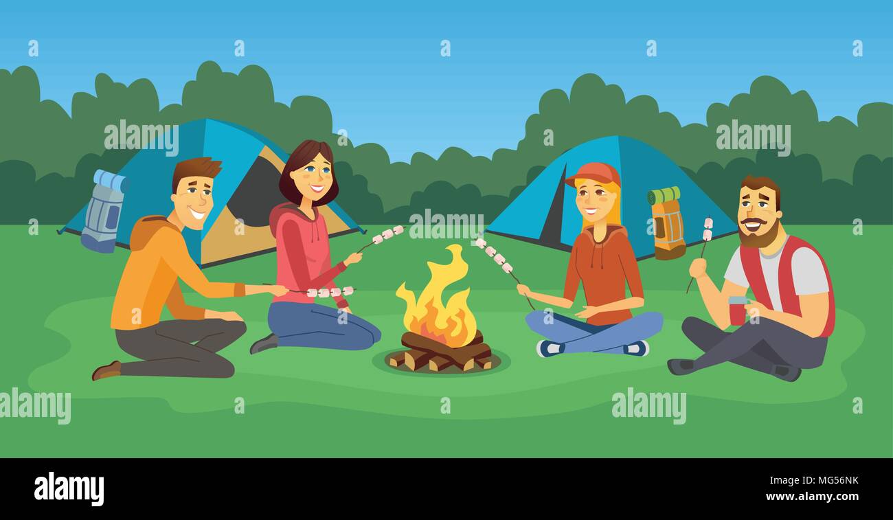 Freunde auf einem Camp-cartoon Menschen Charakter Abbildung Stock Vektor