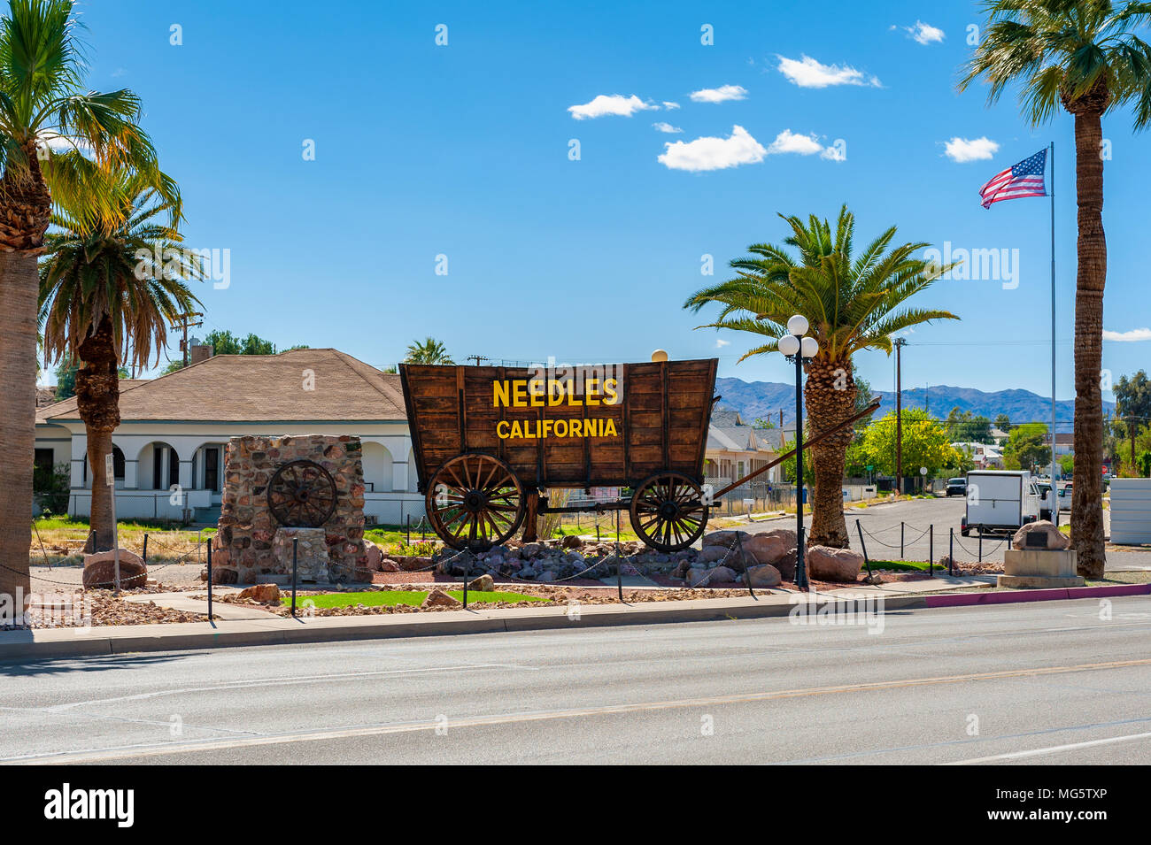 Nadeln ist eine Stadt im San Bernardino County, Kalifornien, USA. Es liegt in der Nähe der Grenze von Arizona und Nevada und hat eine Bevölkerung von rund 4.800. Stockfoto