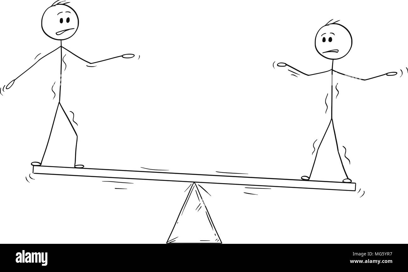 Cartoon von zwei Geschäftsleute auf der Wippe und versucht auszugleichen. Konzept der Teamarbeit. Stock Vektor