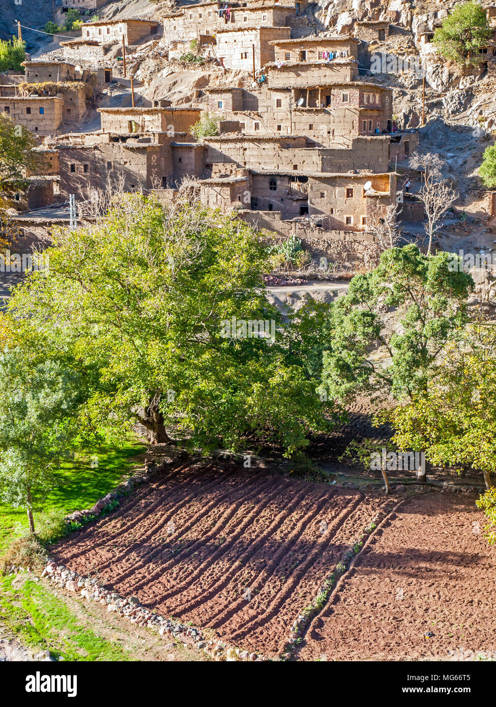 Gepflügte Feld und Berberdorf im Hohen Atlas, Marokko Stockfoto