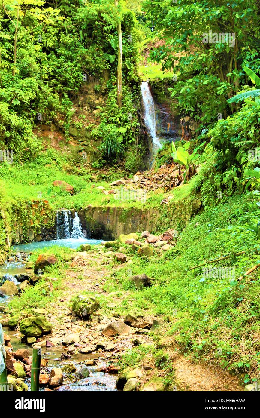 Einen üppigen grünen Hügel Gehäuse zwei kleinen Wasserfällen. Dies ist im Laufwerk liegt - durch Vulkan in St. Lucia, Karibik. Stockfoto