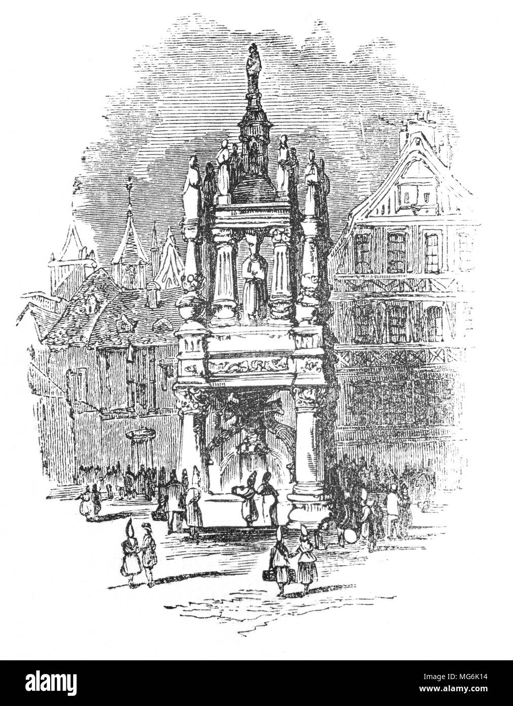 Ein altes Denkmal zu Jeanne d'Arc (1412 - 1431), der den Spitznamen "die Jungfrau von Orléans', einer Heldin von Frankreich für ihre Rolle während der lancastrian Phase des Hundertjährigen Krieges und wurde als Römisch-katholischen Heiligen in Rouen, die Stadt an der Seine im Norden Frankreichs heiliggesprochen. Es ist die Hauptstadt der Region der Normandie. Ehemals der Sitz des Finanzministers in der Normandie während des Mittelalters. Es war eine der Hauptstädte der anglo-normannischen Dynastien, die sowohl England als auch große Teile der modernen Frankreich vom 11. bis 15. Jahrhundert regiert. Stockfoto