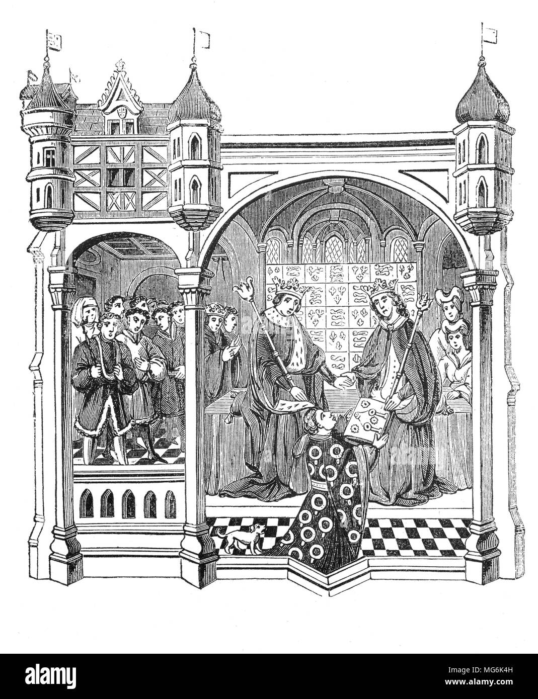 1. John Talbot, Graf von Shrewsbury und 1. Earl of Waterford KG (1384/1387 - vom 17. Juli 1453), ein bekannter englischer militärischer Befehlshaber während des Hundertjährigen Krieges, präsentiert ein Buch zu König Heinrich VI. Talbot war ein mutiger Soldat, der die Armee mit Kapitäne und Leutnants reorganisiert, trainiert die Männer für Belagerungen, und versehen Sie diese entsprechend und seine Marke Taktik war schnelle aggressive Angriffe. Stockfoto
