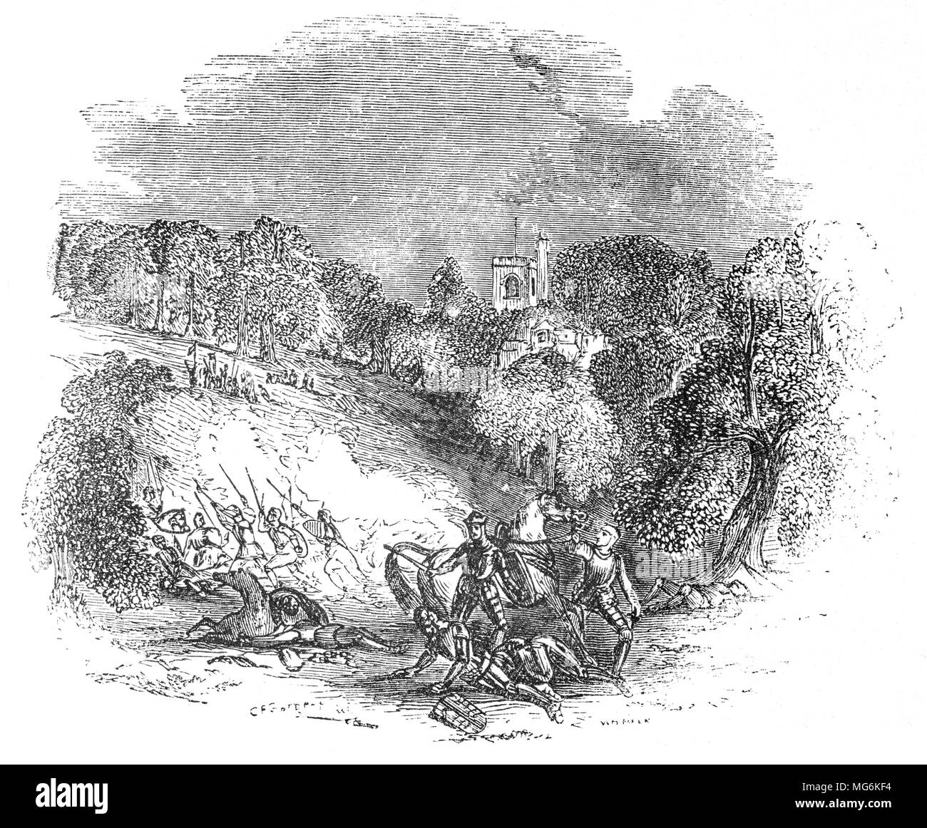 Die Schlacht von Barnet, am 14. April 1471, im Norden von London, war ein entscheidendes Engagement in den Kriegen der Rosen im 15. Jahrhundert in England. Die militärische Aktion, zusammen mit der anschließenden Schlacht von Tewkesbury, sicherte den Thron für Edward IV., das Haus von York in einem Kampf gegen das Haus Lancaster, die Heinrich VI. auf den Thron gesichert geführt. Die Schlacht war einer der wichtigsten Konflikte in die Kriege der Rosen, da es über eine entscheidende Wende in die Geschicke der beiden Häuser. Stockfoto