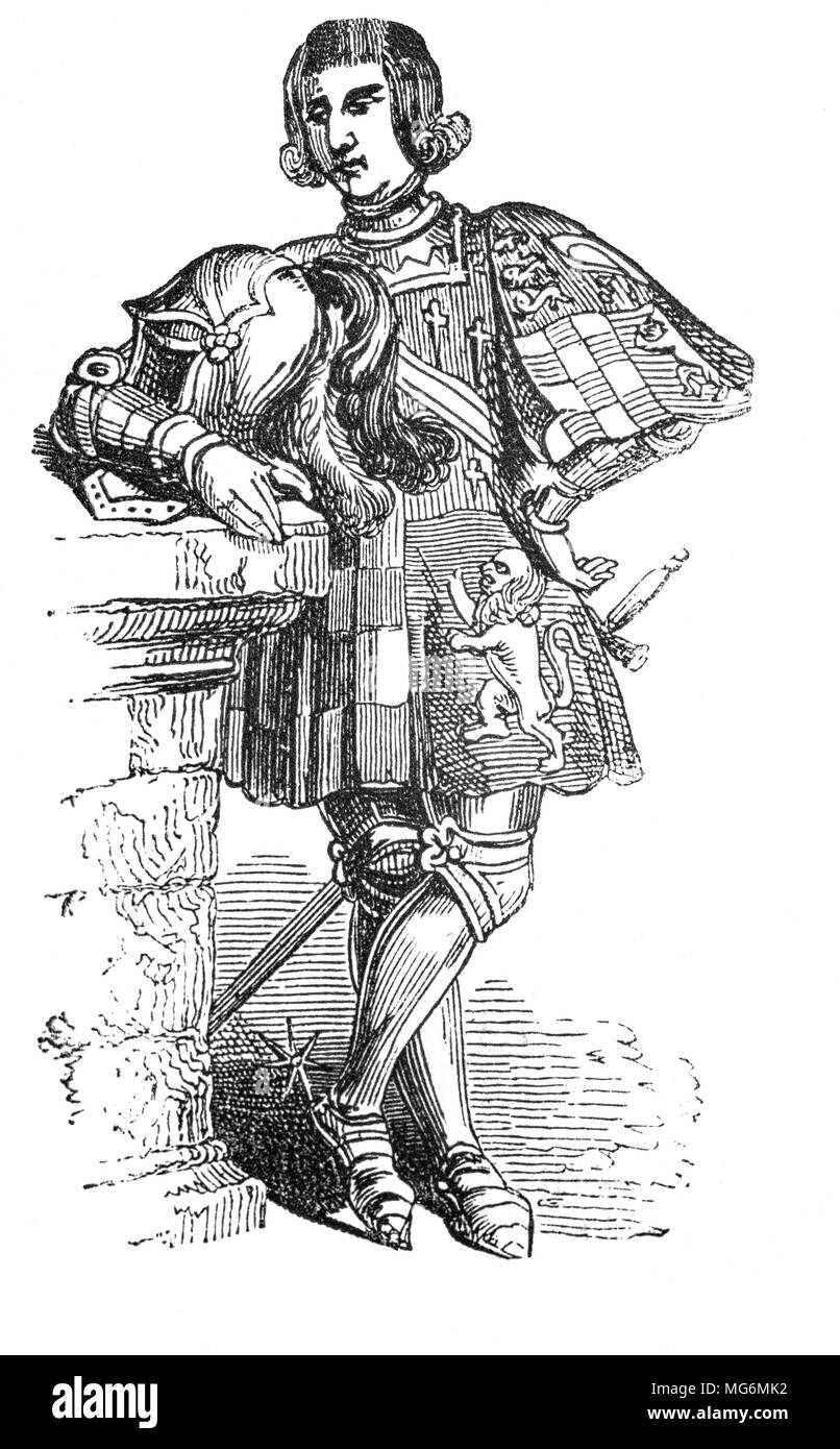 Ein Portrait von John Howard, erster Herzog von Norfolk (1425 - 1485) in Full Body Armor. Er war ein englischer Edelmann, Soldat, Politiker, enger Freund und treuer Anhänger von König Richard III. usurpation der Thron von König Edward V und wurde zum Lord High Steward. Er trug die Krone vor Richard bei seiner Krönung, während sein ältester Sohn, der Graf von Surrey, das Schwert des Mitgliedstaats durchgeführt. Er wurde später in der Schlacht von Bosworth Field am 22. August 1485 zusammen mit seinem Freund und Förderer König Richard III. erschlagen Stockfoto