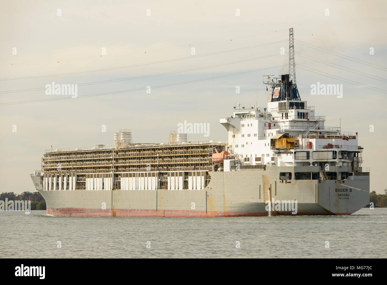 Port Adelaide, Australien 28. April 2018. Die kontroverse Tiere Träger Bader III Blätter Adelaide für Fremantle mit Schafen und Vieh nach rowdy Tierschutz Proteste über Grausamkeit Ansprüche geladen. Schafe können sich an den Decks gesehen werden. Ray Warren/Alamy leben Nachrichten Stockfoto