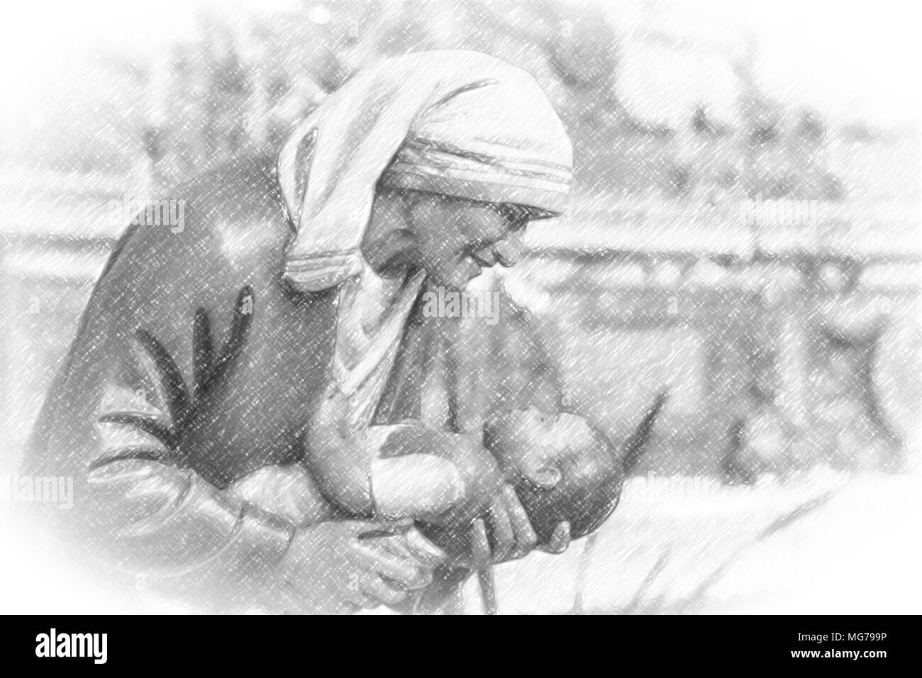 Abbildung: von Mutter Teresa von Kalkutta Holding ein Kind Stockfoto