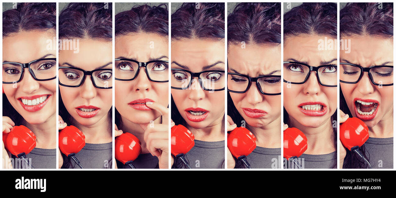 Junge Frau wechselnde Gefühle von glücklich, wütend, während dem Telefonieren Stockfoto