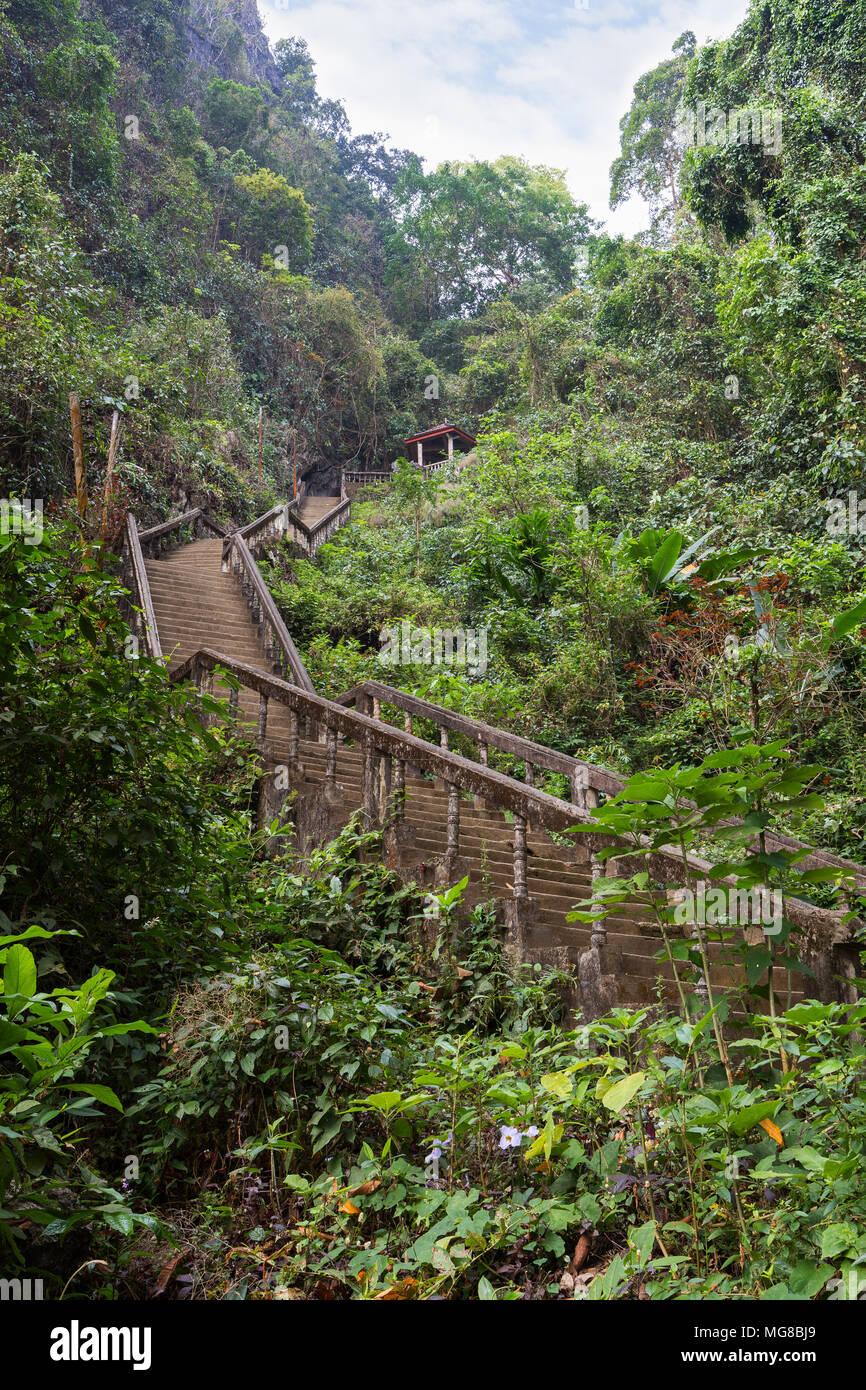 Blick auf leere Treppe zum Tham Chang (oder Jang oder Jung) Höhle und üppige Vegetation in Vang Vieng, Laos, gesehen von unten. Stockfoto