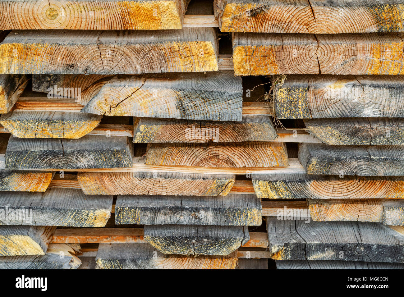 Stapel gestapelt Bauholz. Getrocknete Holz Bretter mit einem Knacken. Verschiedene Arten von Holz. Close-up. Stockfoto