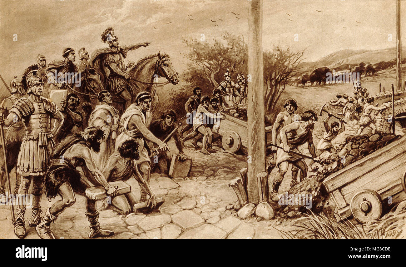 Römische Soldaten die Einheimischen eine Straße in der römischen Britannien zu errichten. Von einem ursprünglichen Gemälde von Paul Hardy. Stockfoto