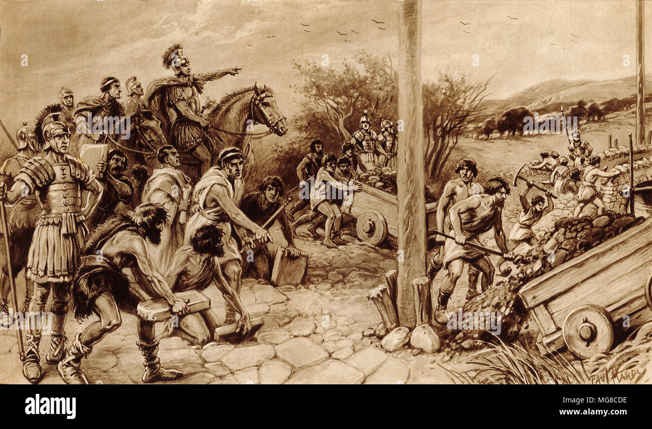 Römische Soldaten die Einheimischen eine Straße in der römischen Britannien zu errichten. Von einem ursprünglichen Gemälde von Paul Hardy. Stockfoto