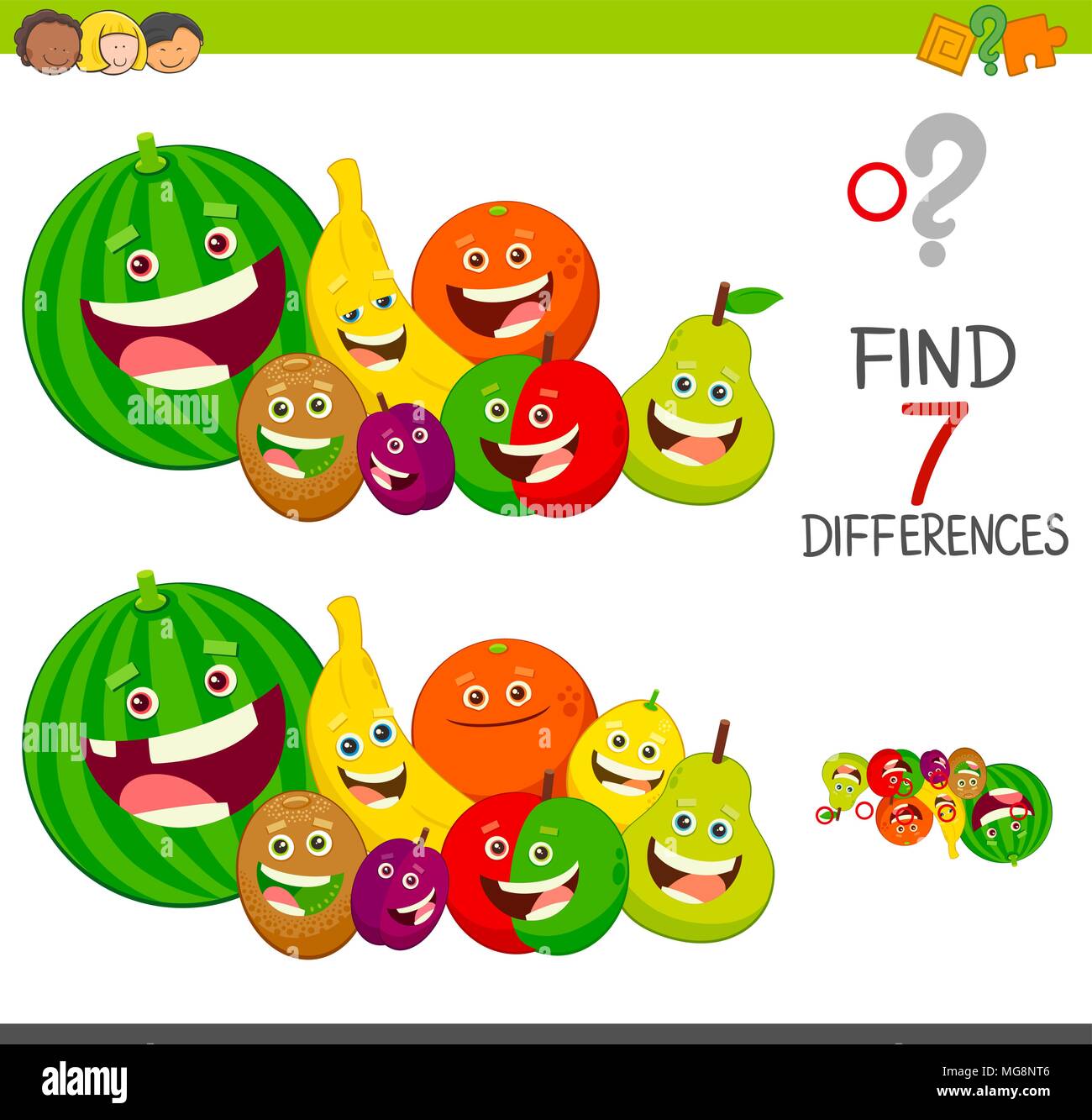 Cartoon Illustration des Findens Sieben Unterschiede zwischen Bilder pädagogische Tätigkeit Spiel für Kinder mit Früchten Zeichen Gruppe Stock Vektor