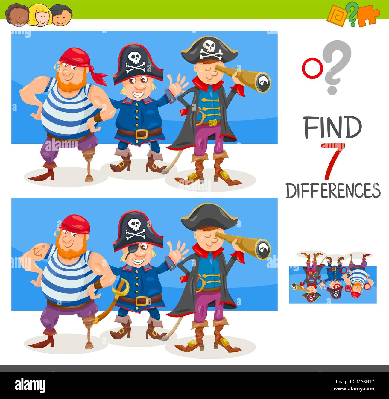 Cartoon Illustration des Findens Sieben Unterschiede zwischen Bilder pädagogische Tätigkeit Spiel für Kinder mit Pirate Zeichen Gruppe Stock Vektor