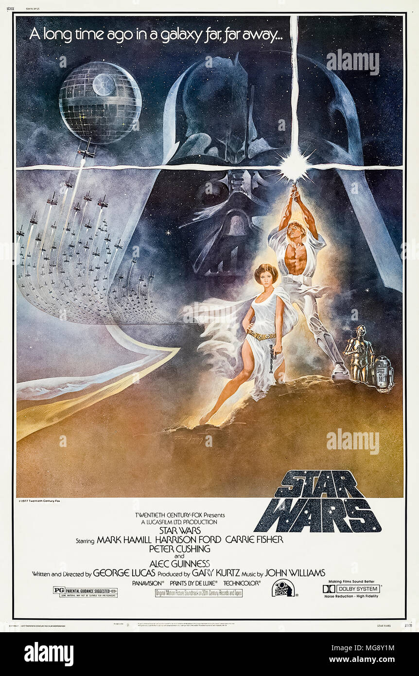 Star Wars (1977) von George Lucas Regie und Hauptdarsteller Mark Hamill, Harrison Ford, und Carrie Fisher. Die Allianz der Rebellen zerstören die Kaiserlichen Truppen ultimative Waffe in einer Galaxie weit, weit entfernt… Stockfoto