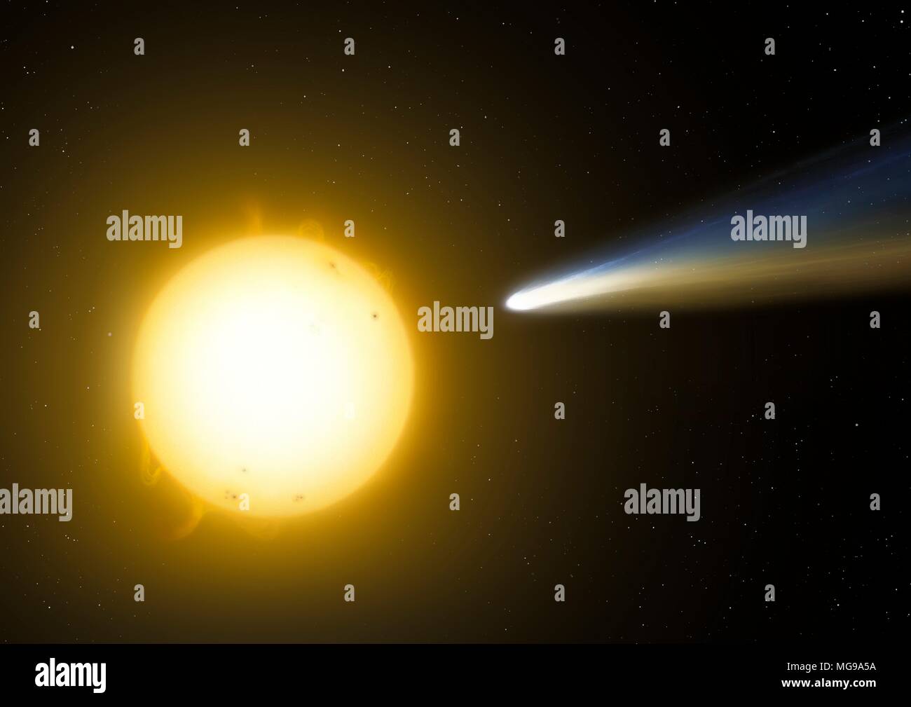 Abbildung: sungrazing Comet. Diese sind Kometen, die sehr nahe an der Sonne bei perihel. Manchmal können Sie Rock oberhalb der Photosphäre auf Entfernungen von wenigen tausend Kilometern - Die bloße Durchmesser eines kleinen Planeten. Gelegentlich Kometen sind in diesem Prozess vollständig verdampft, aber einige kann mehrere Durchläufe, bevor sie entweder in der Sonne oder im Zerfall aufgrund der Gezeitenkräfte. Stockfoto