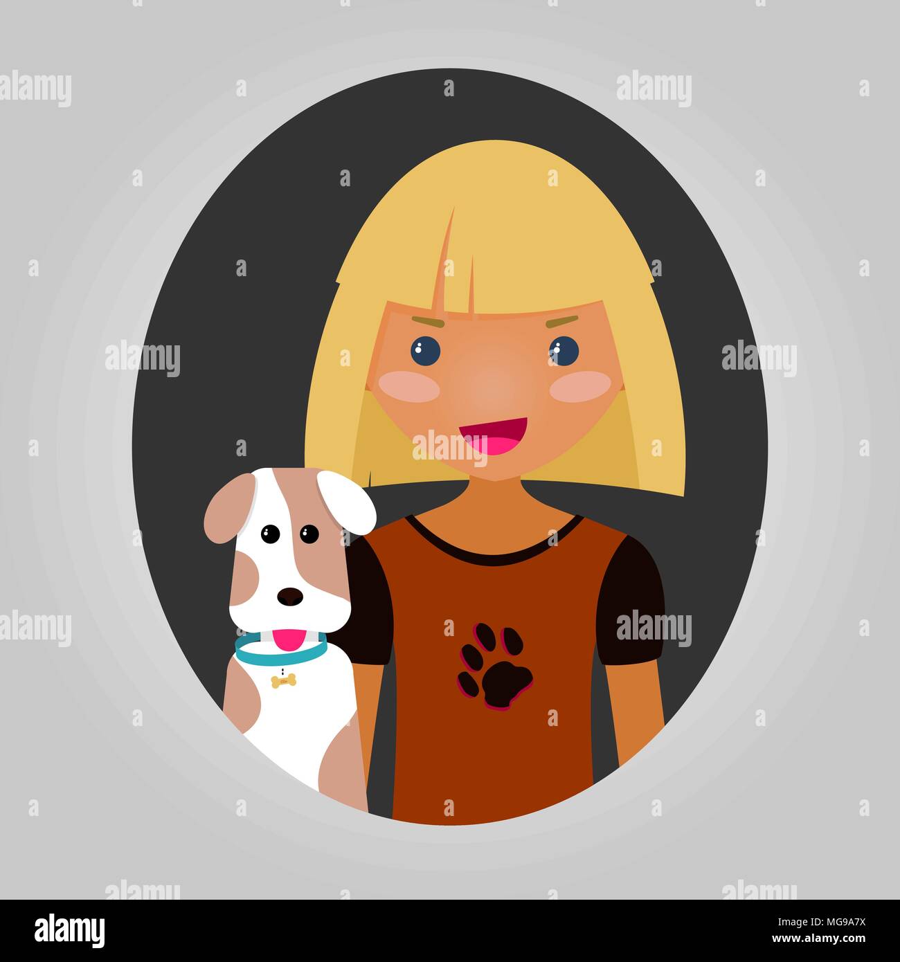 Gerne Junge oder Mädchen mit ihren Welpen. Hundeliebhaber Charakter. Fröhliches Kind mit einem Hund. Vector Illustration von unisex Person für Website oder Anwendung. Stock Vektor