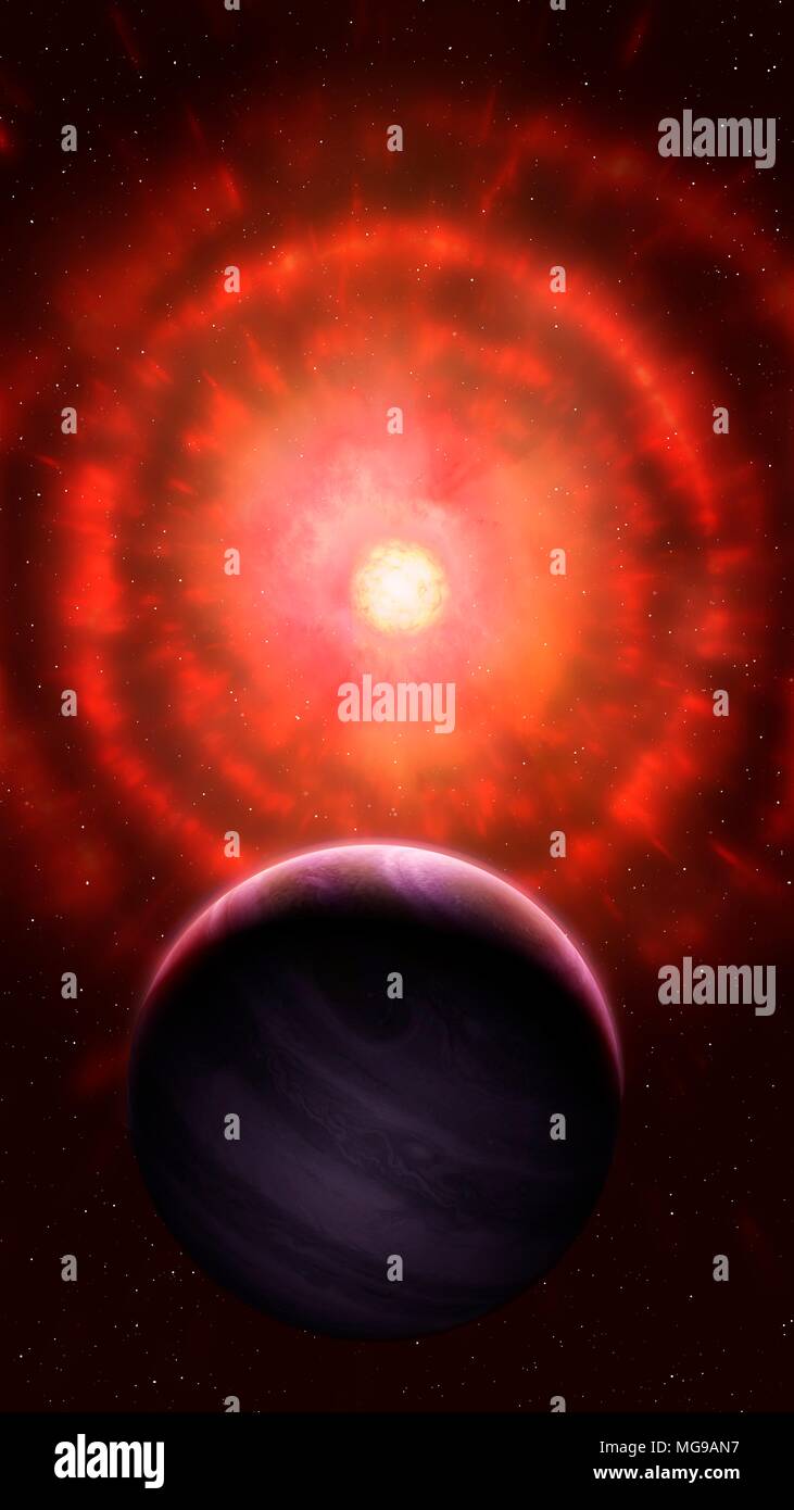 Abbildung eines Roten Riesen star Shedding seine äußeren Schichten. Rote Riesen sind sehr entwickelt Sterne, dass ihre Geschäfte von Wasserstoff verbraucht haben. Dies führt zu der Kern kollabiert unter Schwerkraft, das macht es noch heißer. Dieses frische Hitze drückt auf die äußersten Schichten der Sterne und nach und nach wird der Stern Masse verliert, da die Atmosphäre entweicht, Stück für Stück, in den Weltraum. Dieses ist, wie planetarische Nebel gebildet werden. In diesem Bild, ein Roter Riese hat bereits viel von seiner Atmosphäre in einer Reihe von Shells ausgeschlossen. Einer nahe gelegenen Planeten im Vordergrund gesehen. Stockfoto
