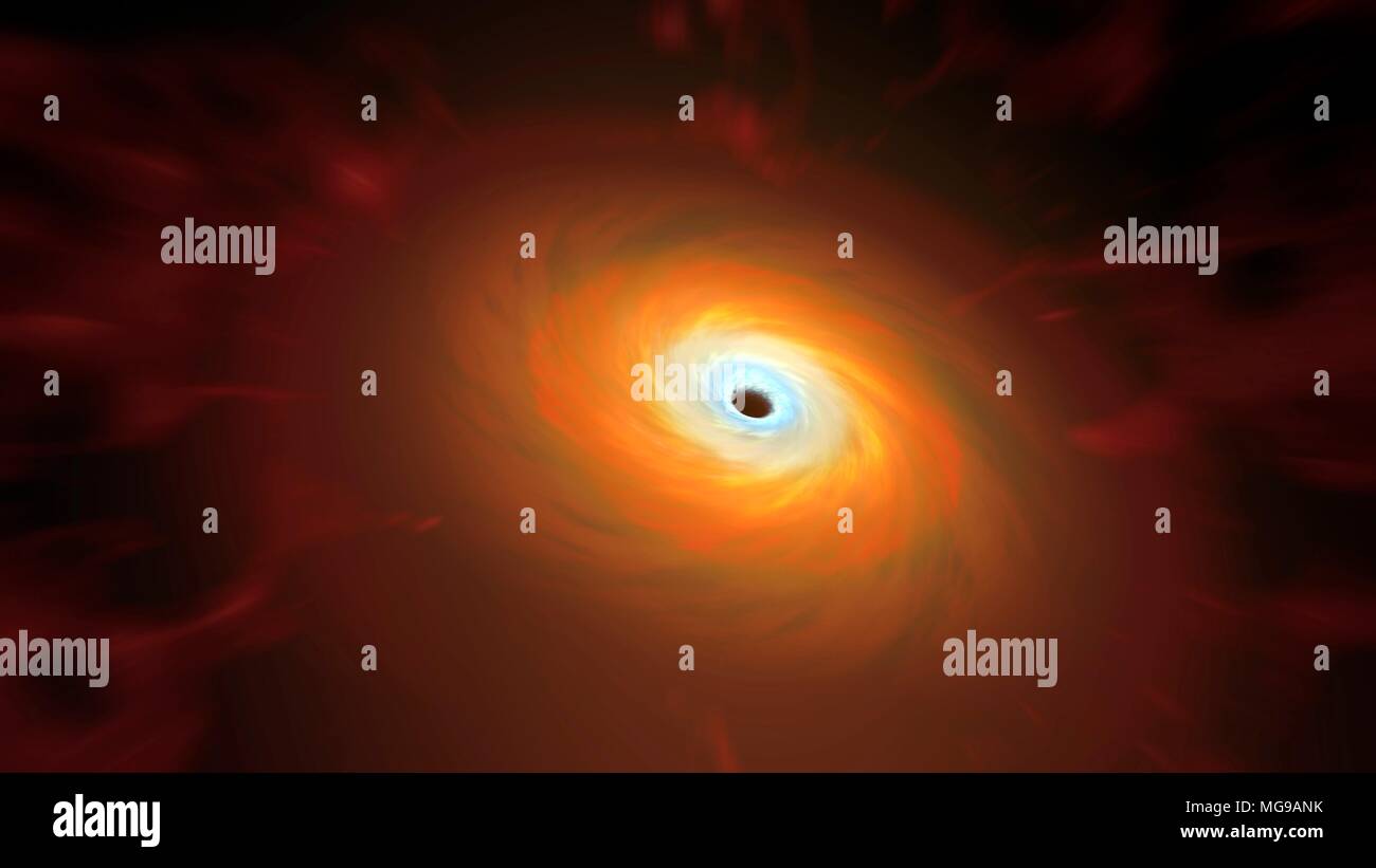 Schwarze Loch, Zeichnung. Ein Schwarzes Loch ist ein Objekt (in der Regel eine KOLLABIERTE Stern) so kompakt, dass nichts seine Anziehungskraft entweichen kann. Noch nicht einmal Licht. Auf der Erde, muss ein Objekt mit einer Geschwindigkeit von 11 Kilometern pro Sekunde auf den Markt gebracht werden, wenn es die Schwerkraft des Planeten zu entkommen und in den Orbit gehen. Aber die fluchtgeschwindigkeit von einem schwarzen Loch größer als die Lichtgeschwindigkeit. Da nichts schneller als das ultimative Geschwindigkeit fahren kann, schwarze Löcher saugen alles, einschließlich Licht, das Dunkel und sie gänzlich unsichtbar zu machen. Stockfoto