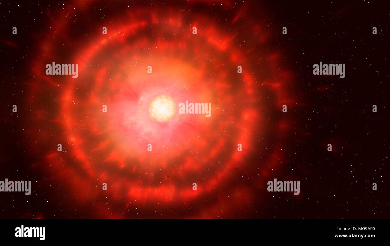 Abbildung eines Roten Riesen star Shedding seine äußeren Schichten. Rote Riesen sind sehr entwickelt Sterne, dass ihre Geschäfte von Wasserstoff verbraucht haben. Dies führt zu der Kern kollabiert unter Schwerkraft, das macht es noch heißer. Dieses frische Hitze drückt auf die äußersten Schichten der Sterne und nach und nach wird der Stern Masse verliert, da die Atmosphäre entweicht, Stück für Stück, in den Weltraum. Dieses ist, wie planetarische Nebel gebildet werden. In diesem Bild, ein Roter Riese hat bereits viel von seiner Atmosphäre in einer Reihe von Shells ausgeschlossen. Stockfoto