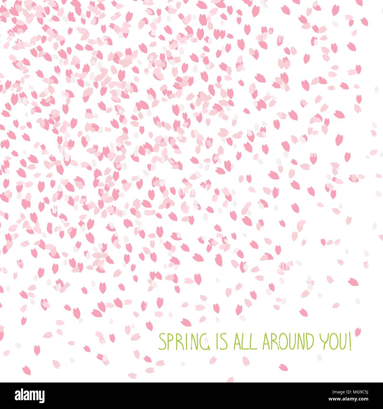 'Spring ist überall um euch herum!" Karte. Cherry Blütenblätter. Sakura Blossom. Die Streuung der kleinen rosa Blütenblätter. Floral background mit kopieren. Hanami. Japanische C Stock Vektor